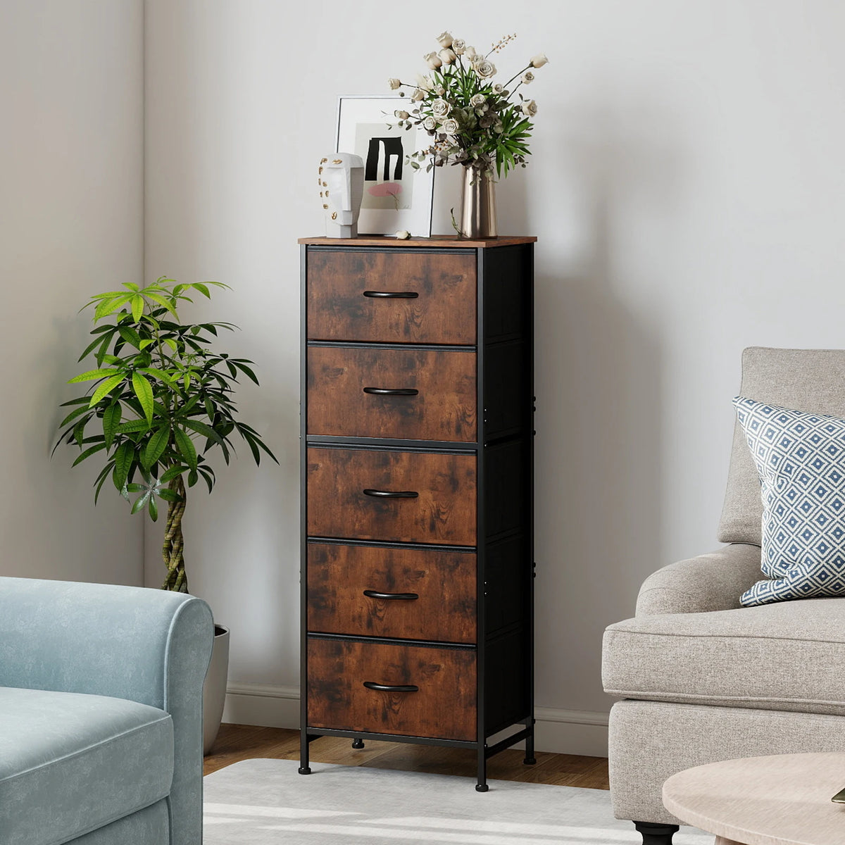JHK Five Drawers Fabric Dresser With Steel Frame Cabinet