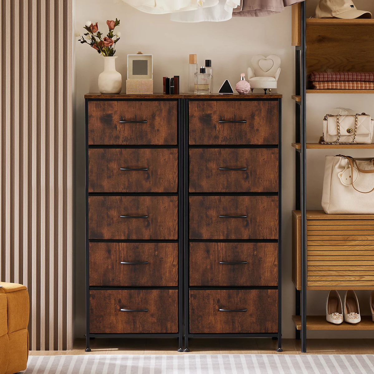 JHK Five Drawers Fabric Dresser With Steel Frame Cabinet