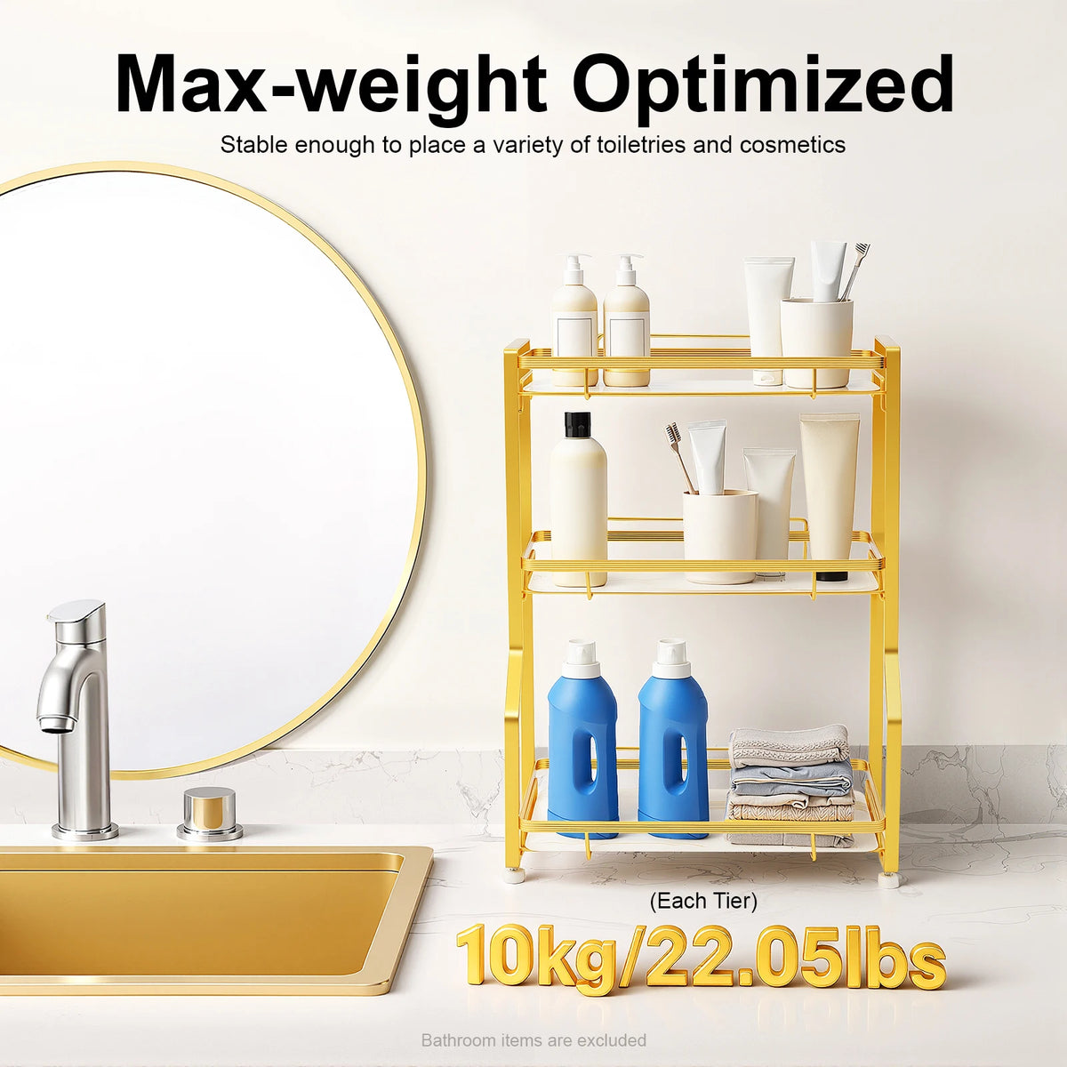 Bymaocar 3 Tier Bathroom Countertop Organizer Gold Storage Shelf For Toiletries