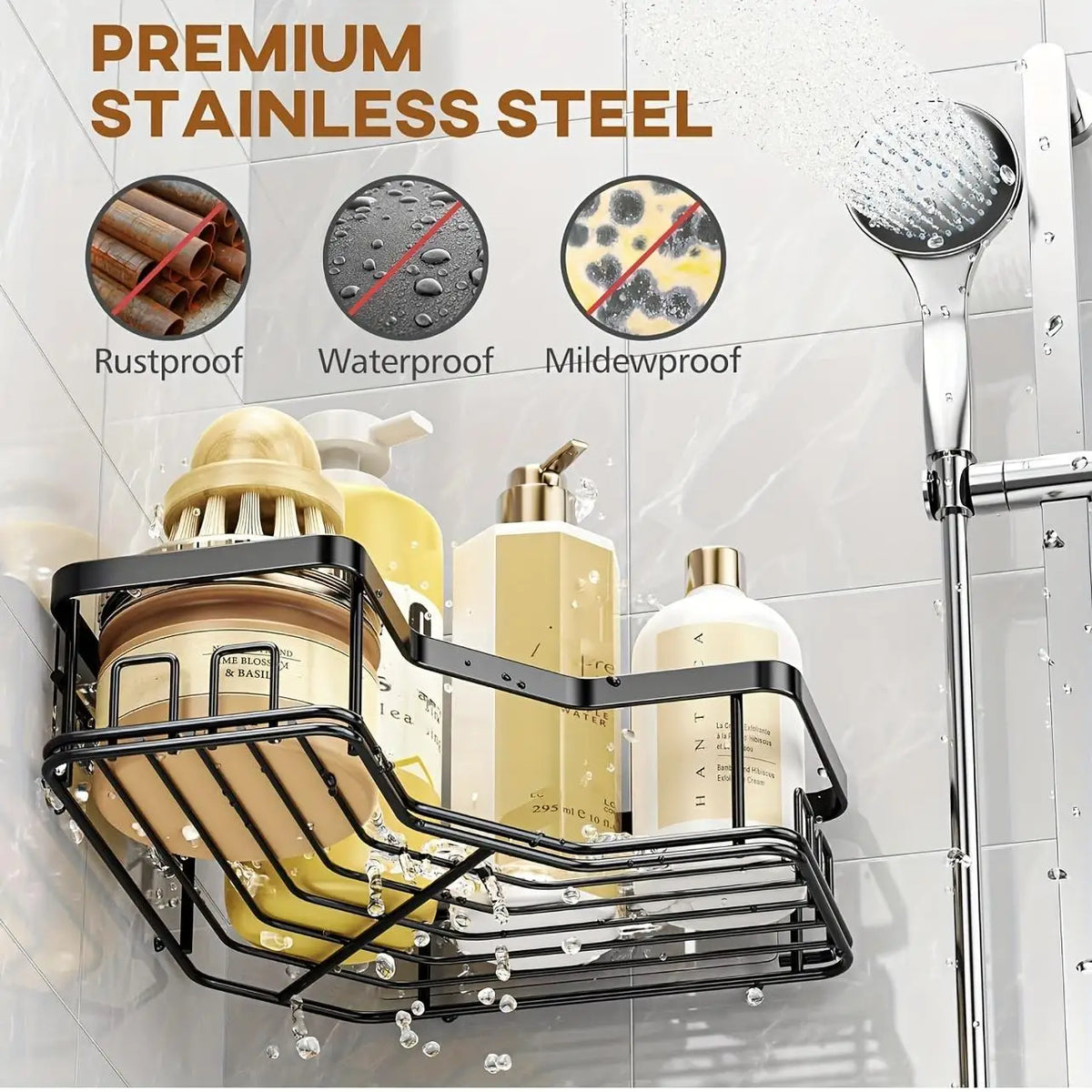 Adhesive Shower Caddy Set No Drilling Rustproof Bathroom And Kitchen
