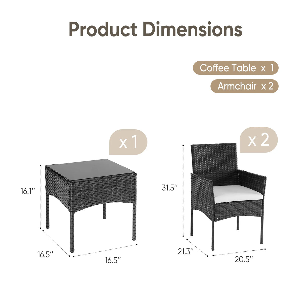 JHK Outdoor Rattan Bistro Set With Glass Table And Cushions
