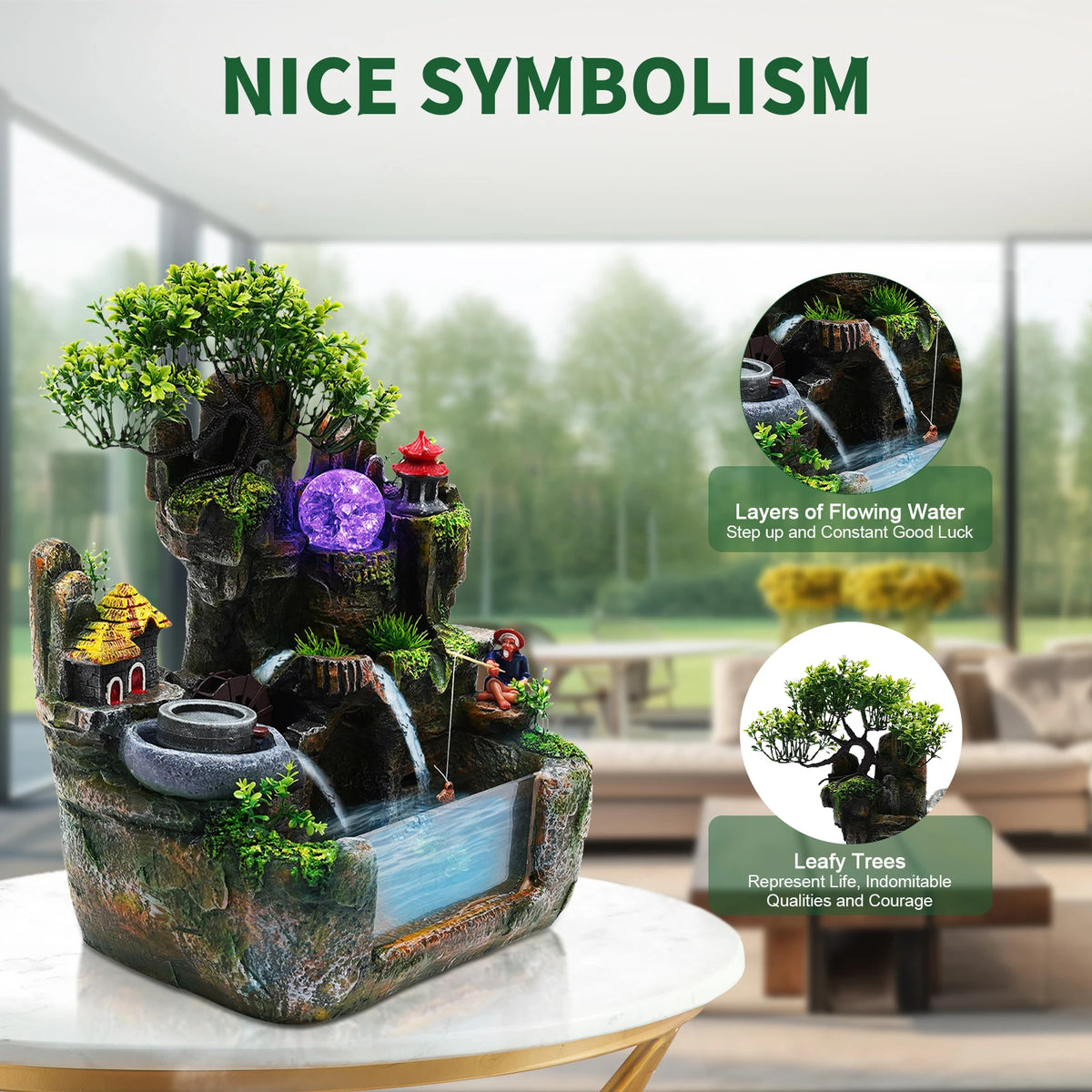 Lucky Feng Shui Money Tree Water Fountain With Resin Rockery
