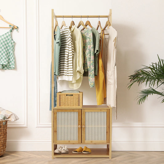 Free Standing Bamboo Clothes Stand With Cabinet And Storage Shelves