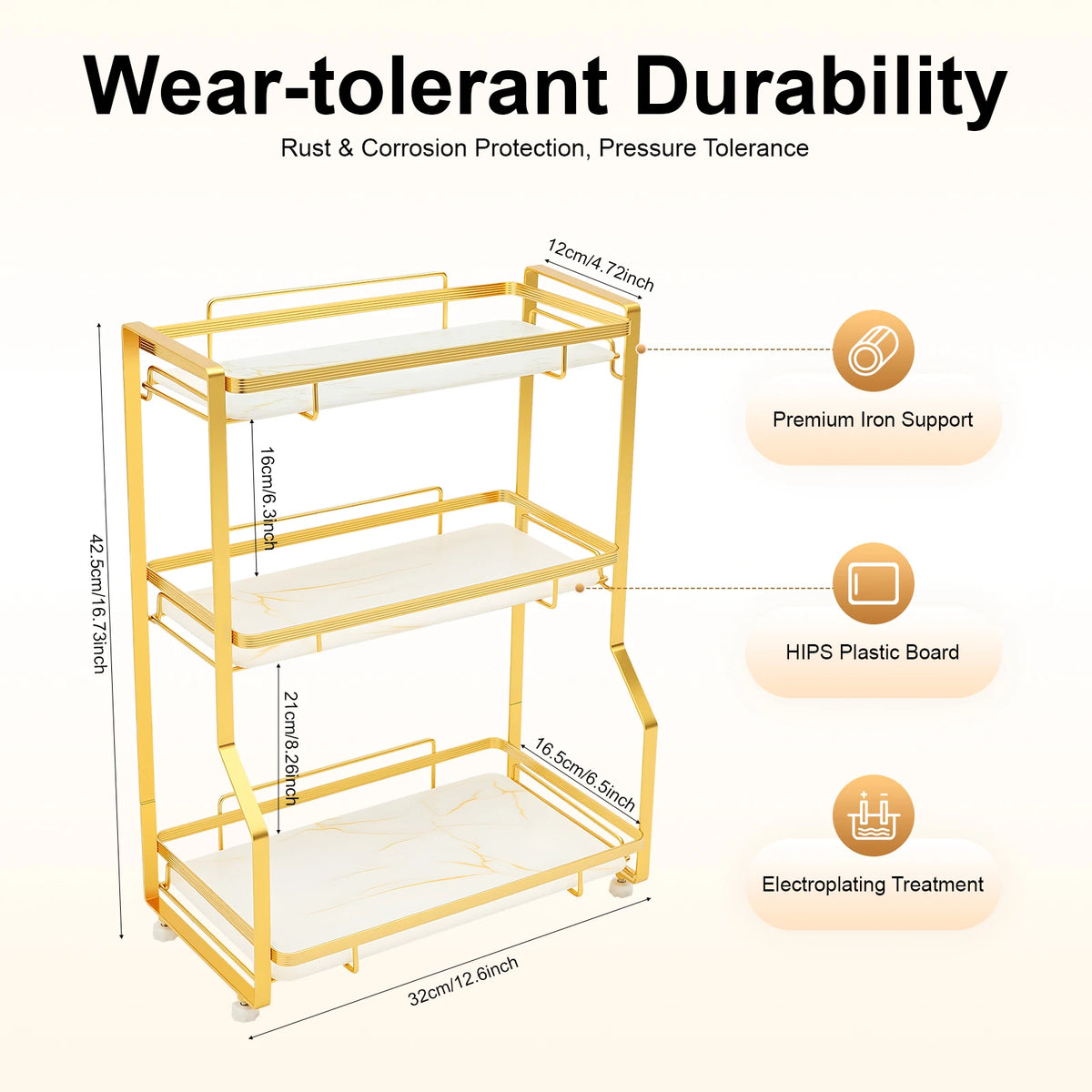 Bymaocar 3 Tier Bathroom Countertop Organizer Gold Storage Shelf For Toiletries
