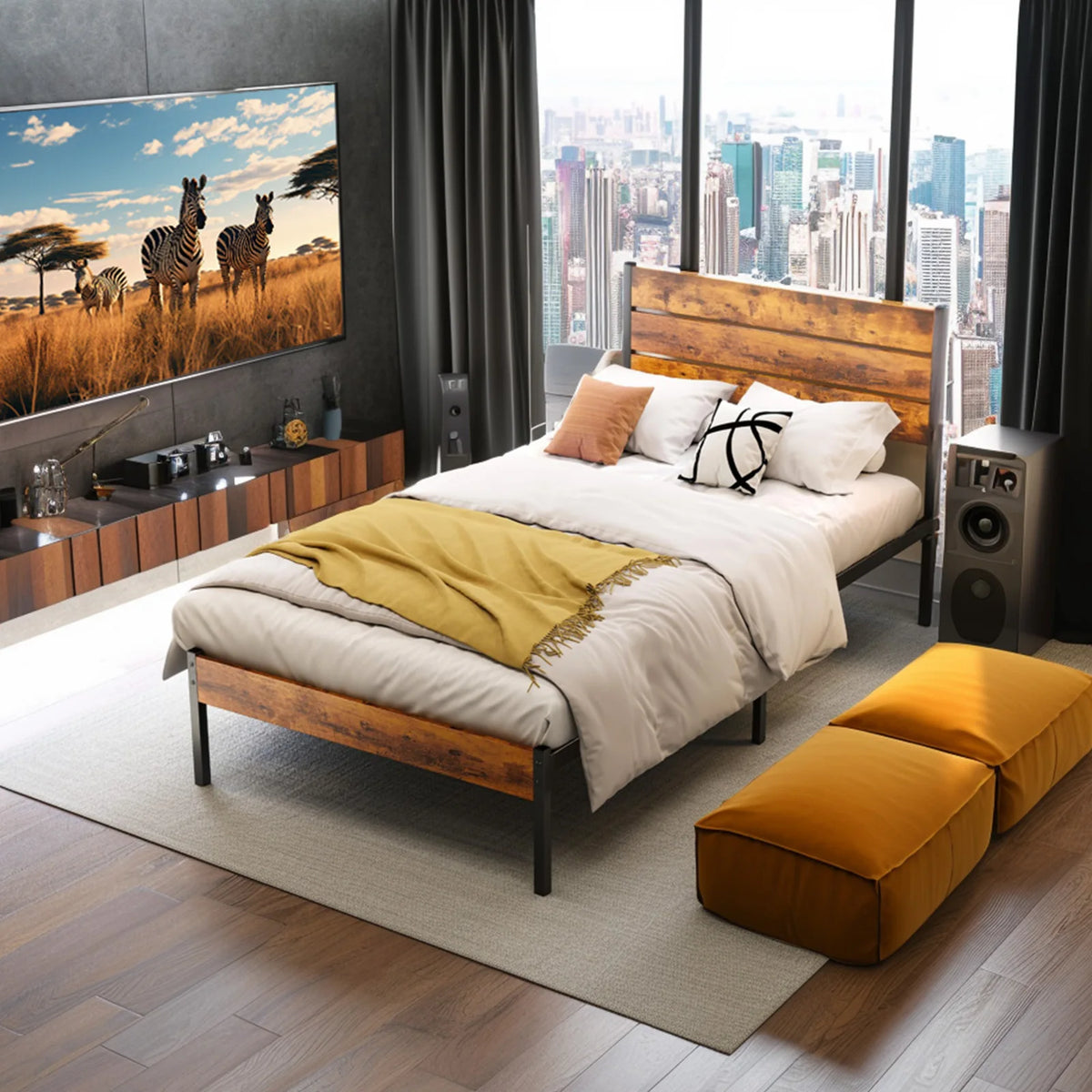 JHK Steel Platform Bed Frame With Headboard And Wooden Slats
