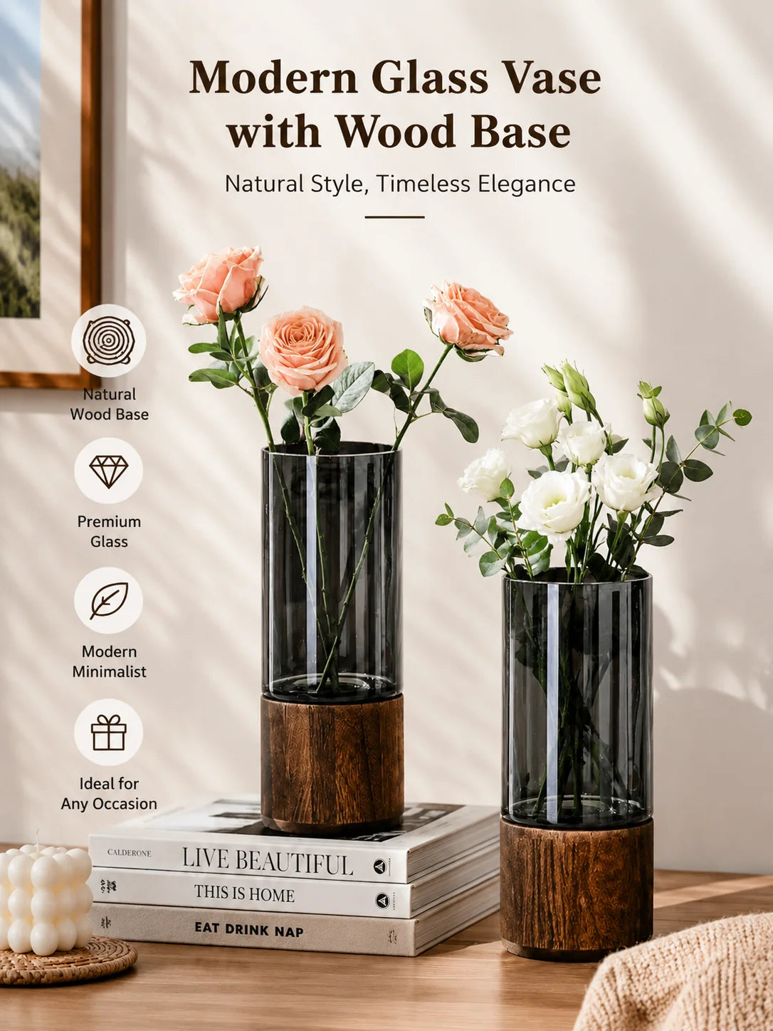 Minimalist Cylinder Glass Vase With Natural Wood Stand For Desktop