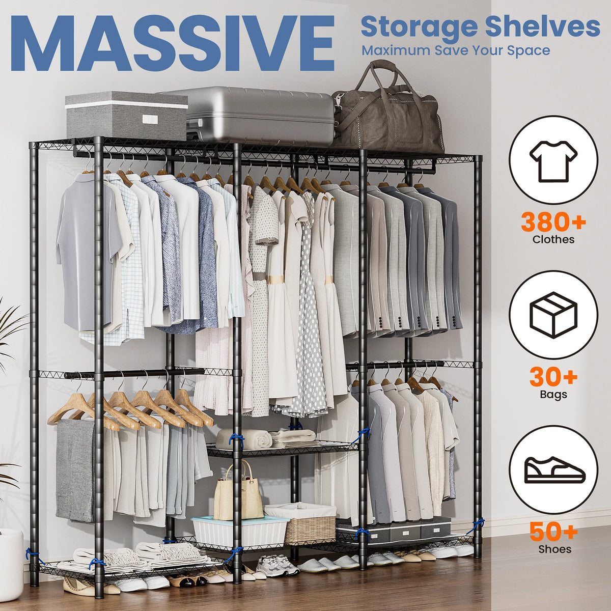 Heavy Duty Metal Freestanding Clothes Rack And Closet Storage Organizer