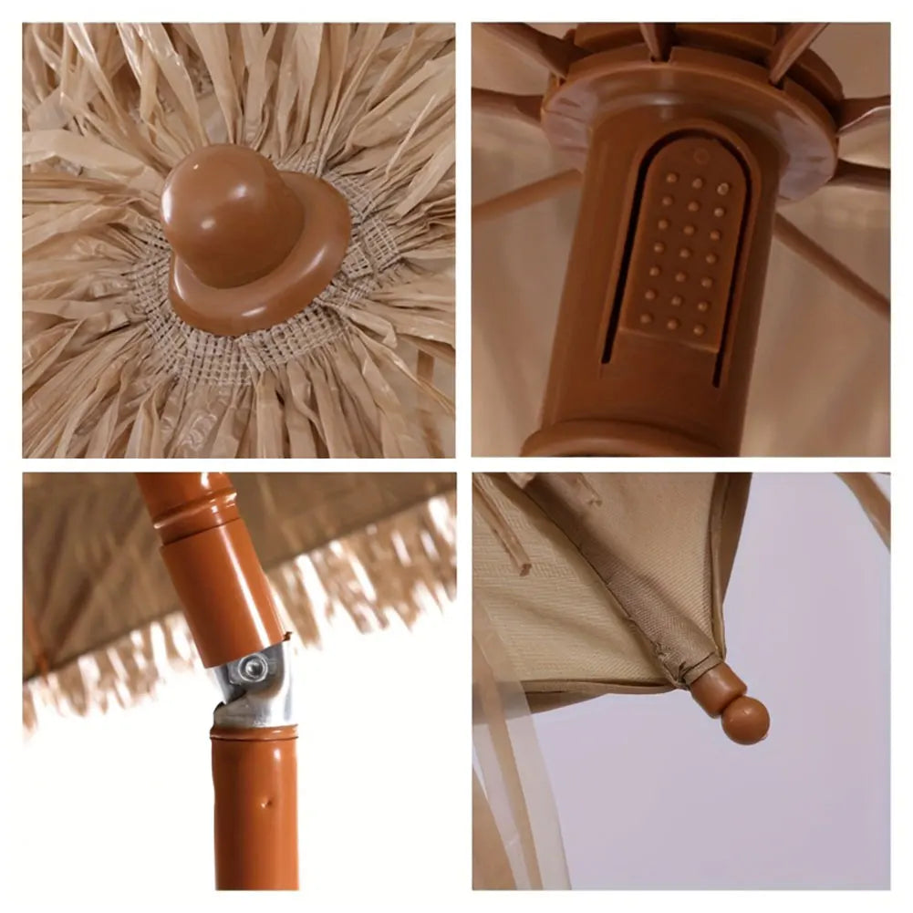 8 Rib Adjustable Thatched Beach Umbrella For Outdoor Patio Canopy