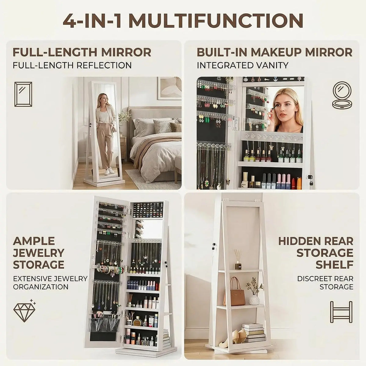 360 Degree Swivel Jewelry Armoire With Full Length Mirror Standing Lockable