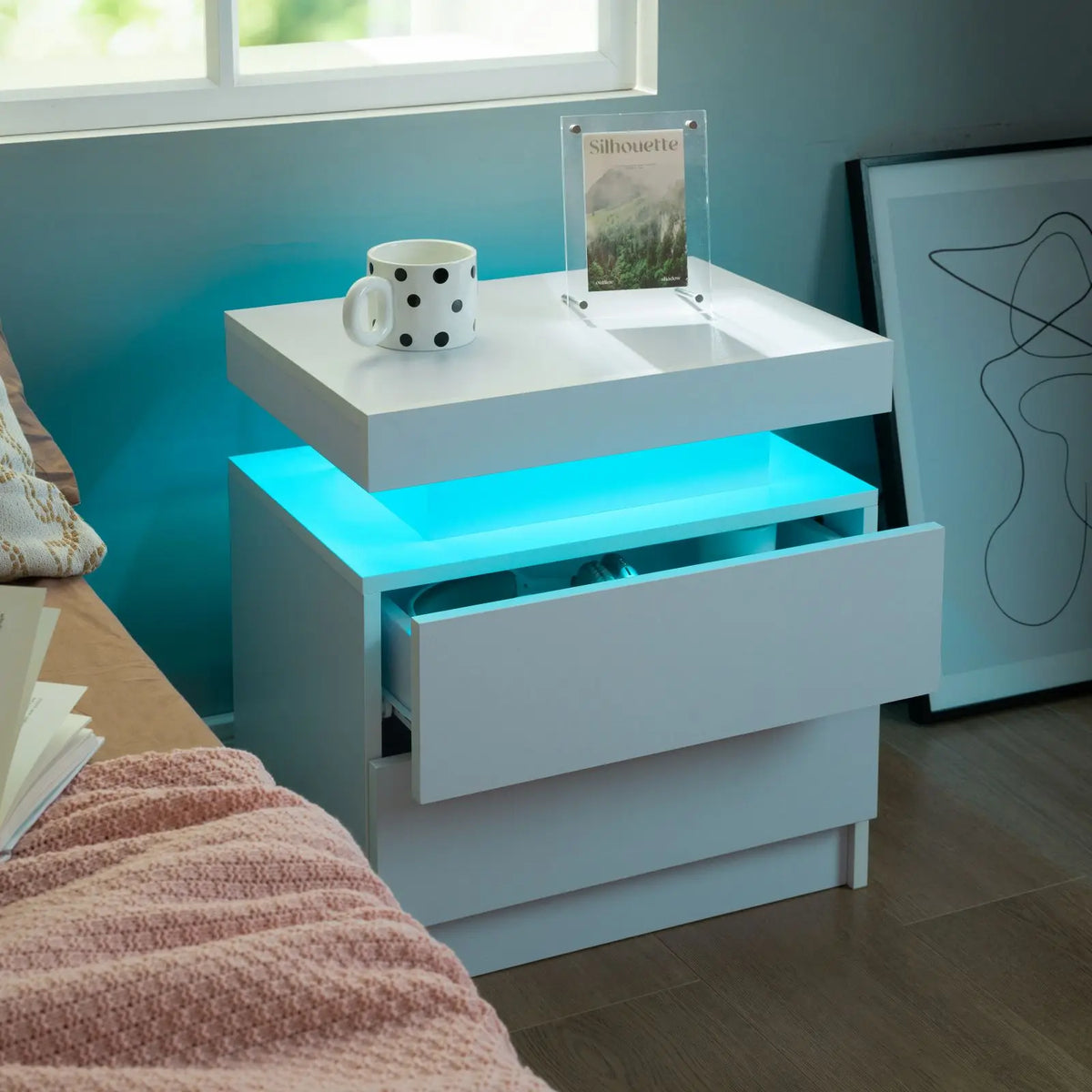 Cubehom Led Nightstand With Two Wooden Drawers And Minimalist Design