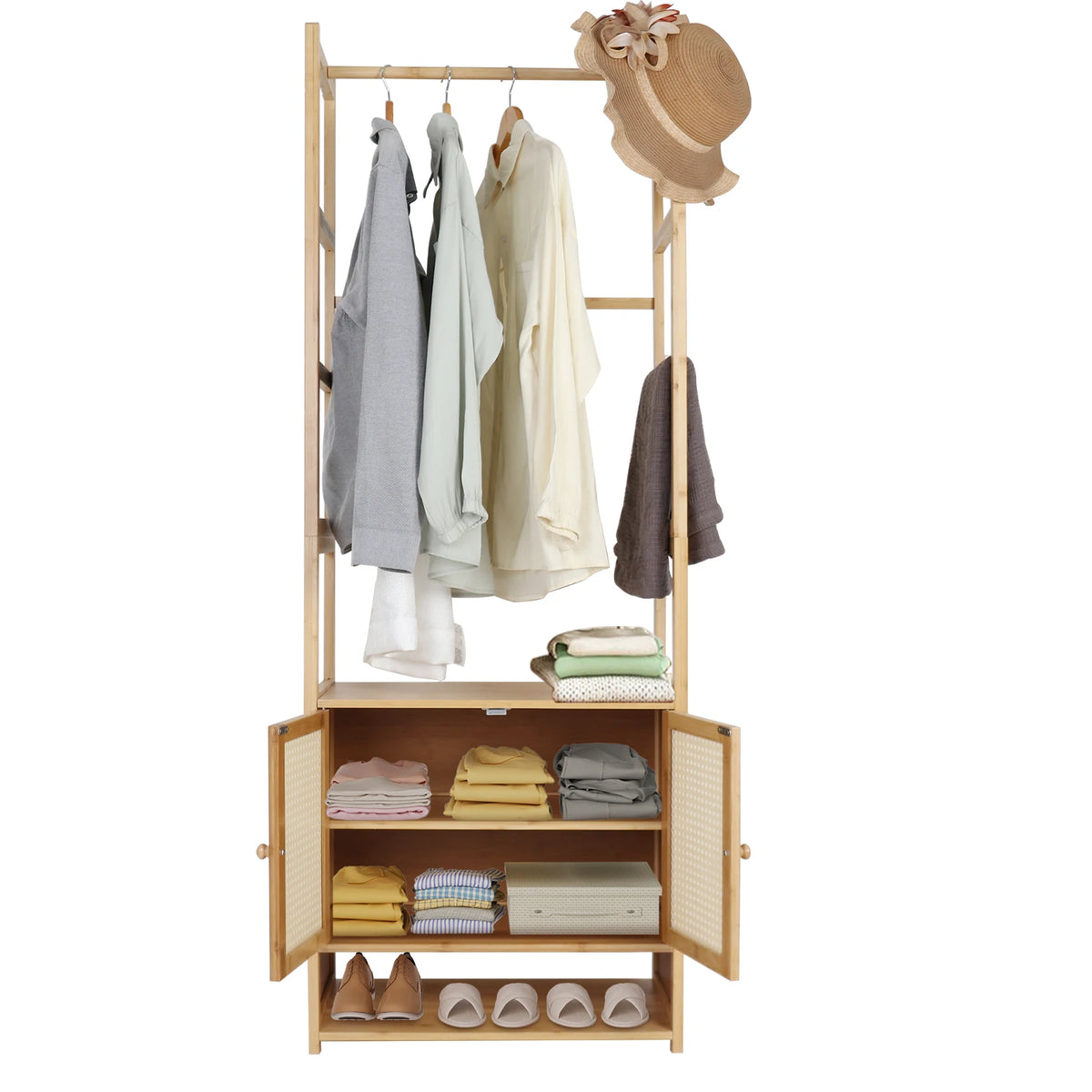 Free Standing Bamboo Clothes Stand With Cabinet And Storage Shelves