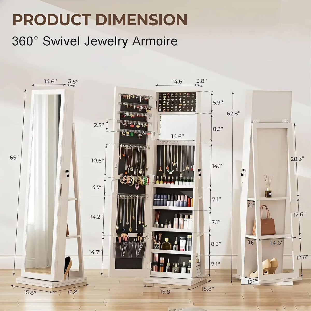 360 Degree Swivel Jewelry Armoire With Full Length Mirror Standing Lockable