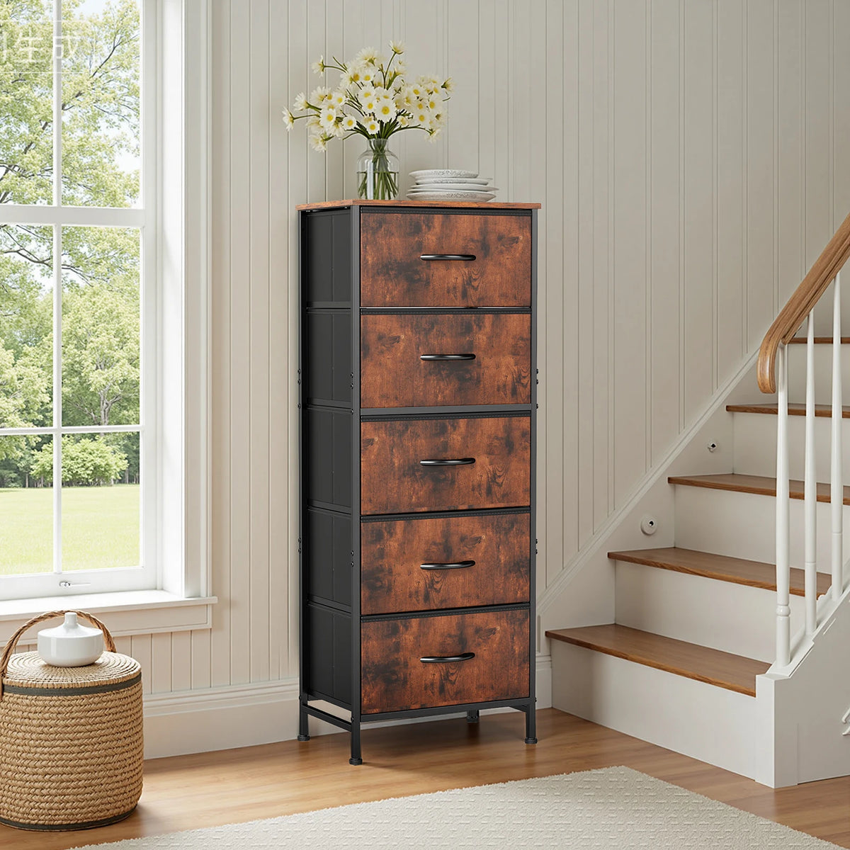 JHK Five Drawers Fabric Dresser With Steel Frame Cabinet