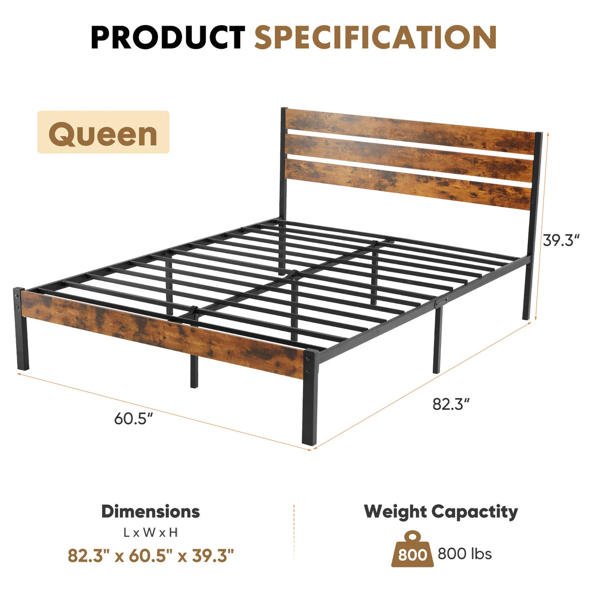 JHK Steel Platform Bed Frame With Headboard And Wooden Slats