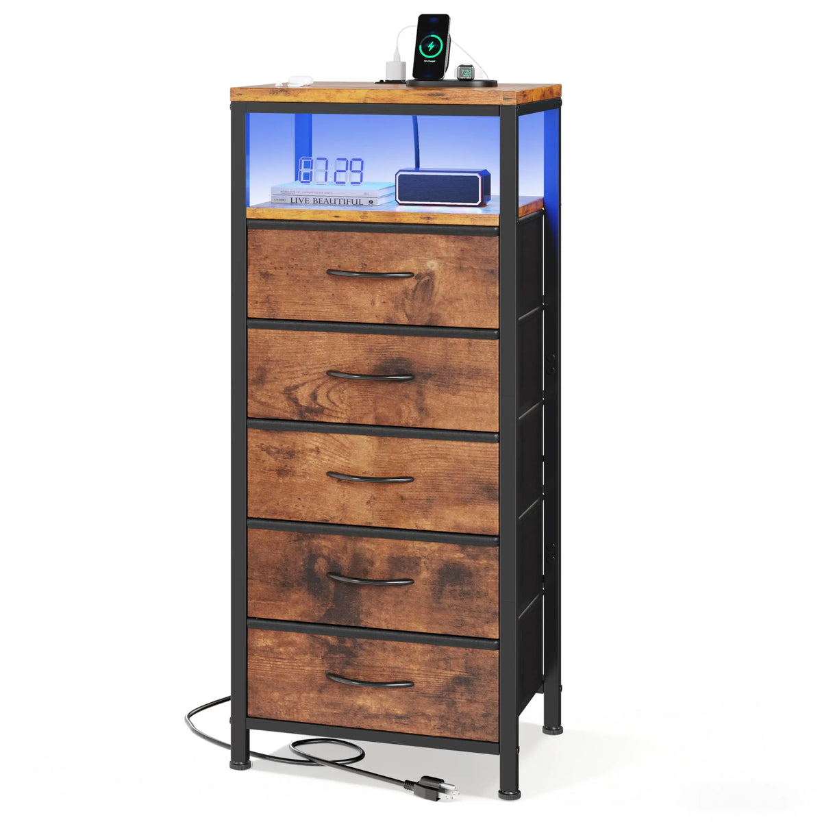 JHK Fabric Drawer Dresser With Charging Station And LED Lights