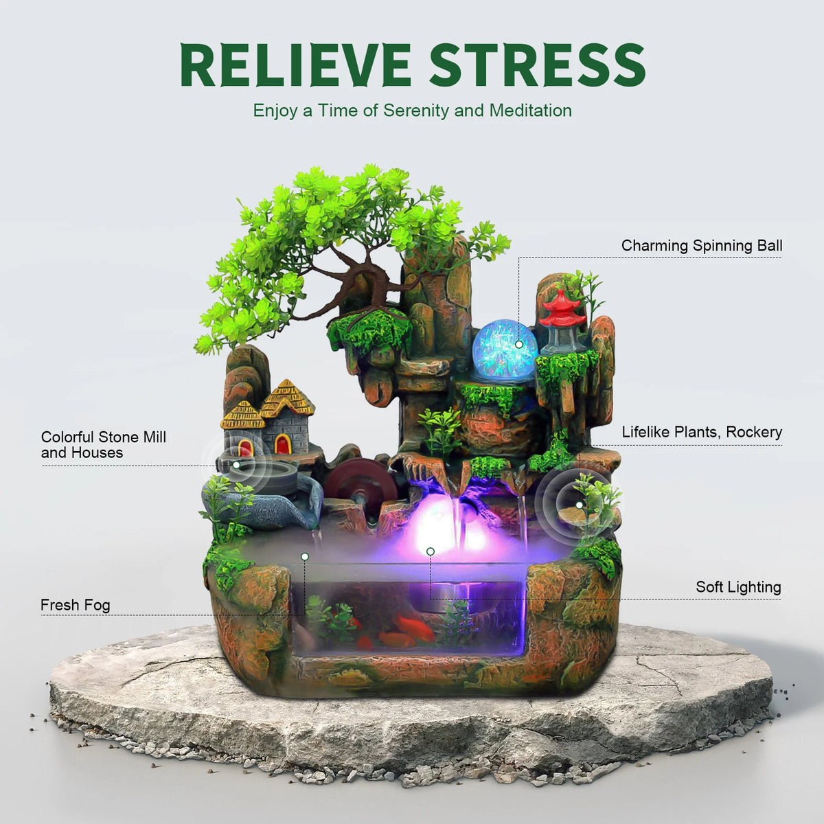 Lucky Feng Shui Money Tree Water Fountain With Resin Rockery