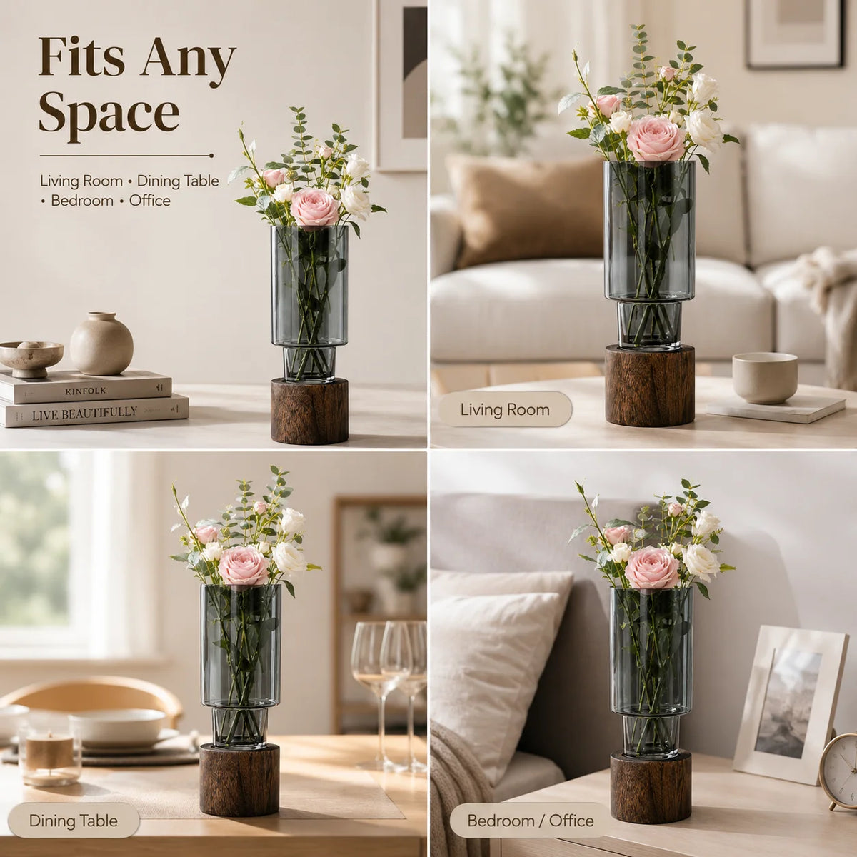 Minimalist Cylinder Glass Vase With Natural Wood Stand For Desktop