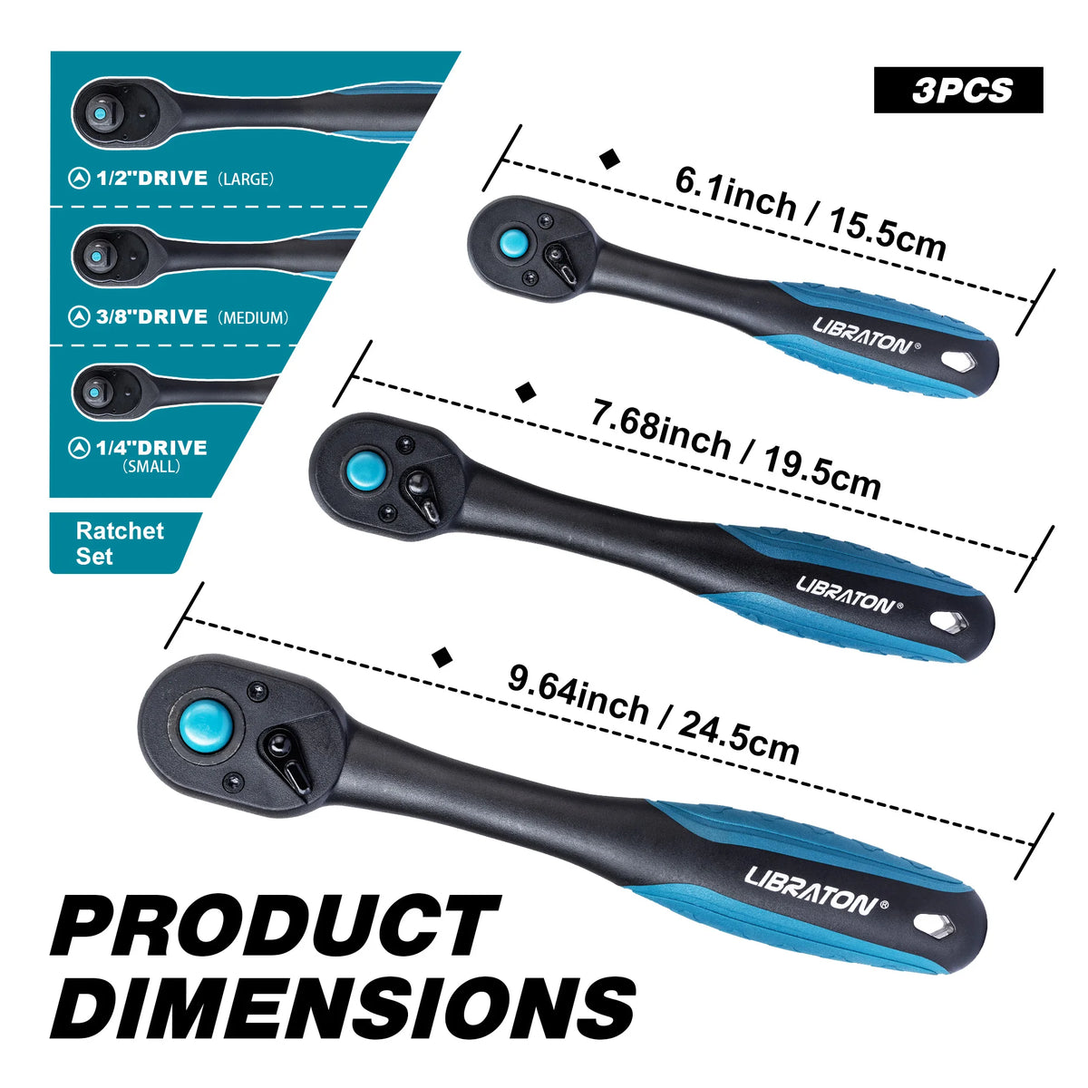 Reversible Ratchet Wrenches, Set of 3 Ratchet Wrenches, 1/2 Inch 3/8 Inch 1/4 Inch, Quick Release Ratchet Handles, 72 Teeth, for Auto Repair