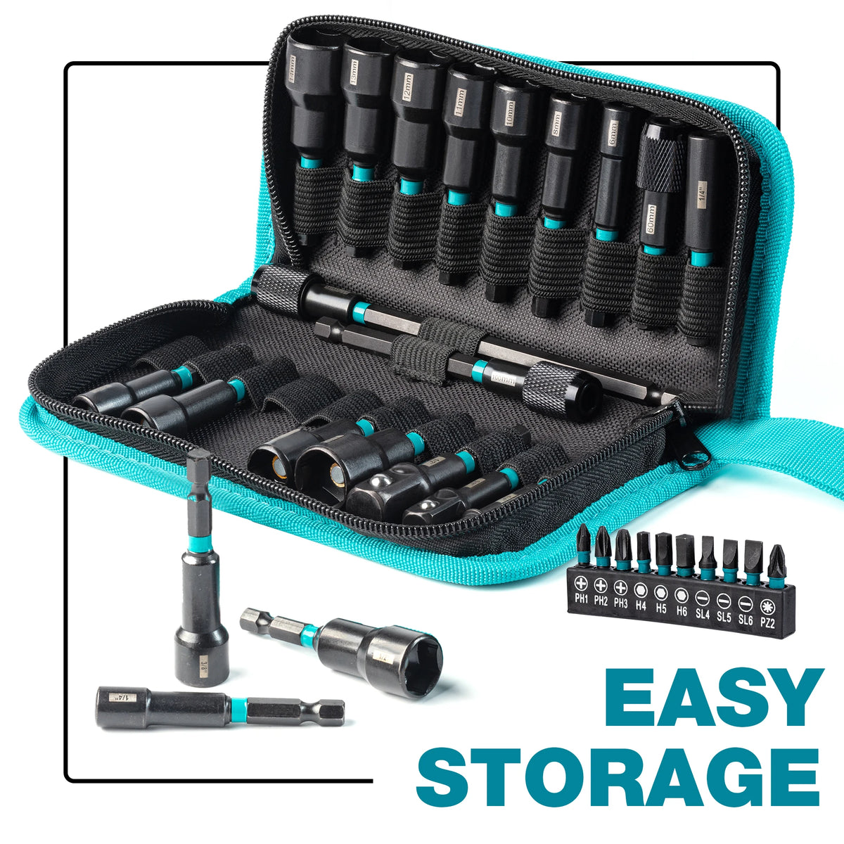 31PCS Magnetic Nut Driver Set, Impact Drill Driver Bit Set 1/4", Metric and SAE Nut Driver, Screwdriver Bits, Impact Socket Adapters, Bit Holder, Quick-release Extensions with Storage Bag