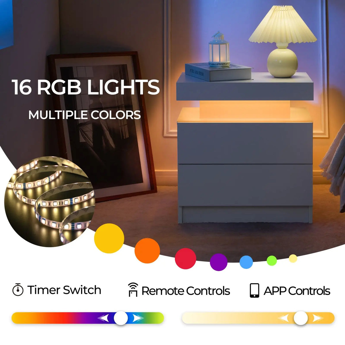 Cubehom Led Nightstand With Two Wooden Drawers And Minimalist Design
