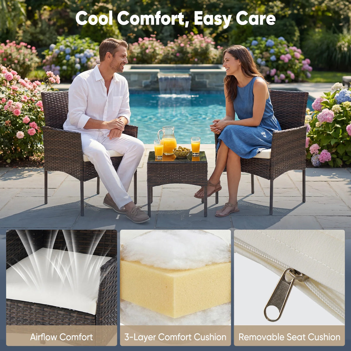 JHK Outdoor Rattan Bistro Set With Glass Table And Cushions