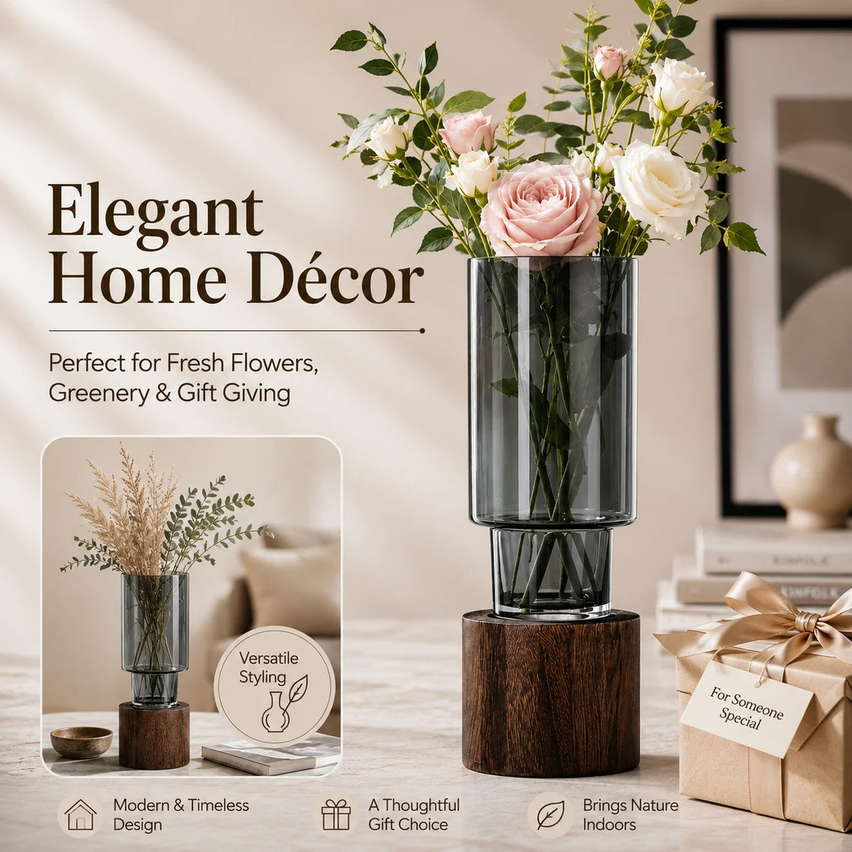 Minimalist Separable Glass Cylinder Vase With Wooden Stand